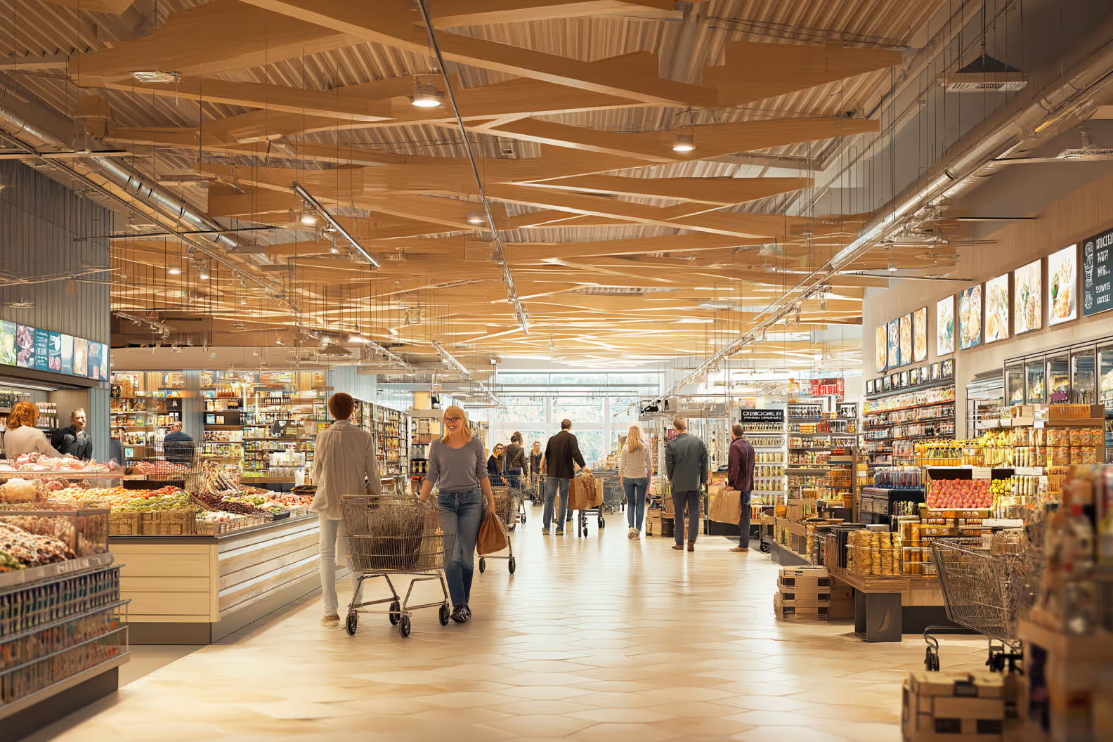 Wide shot of big bright supermarket with people shopping